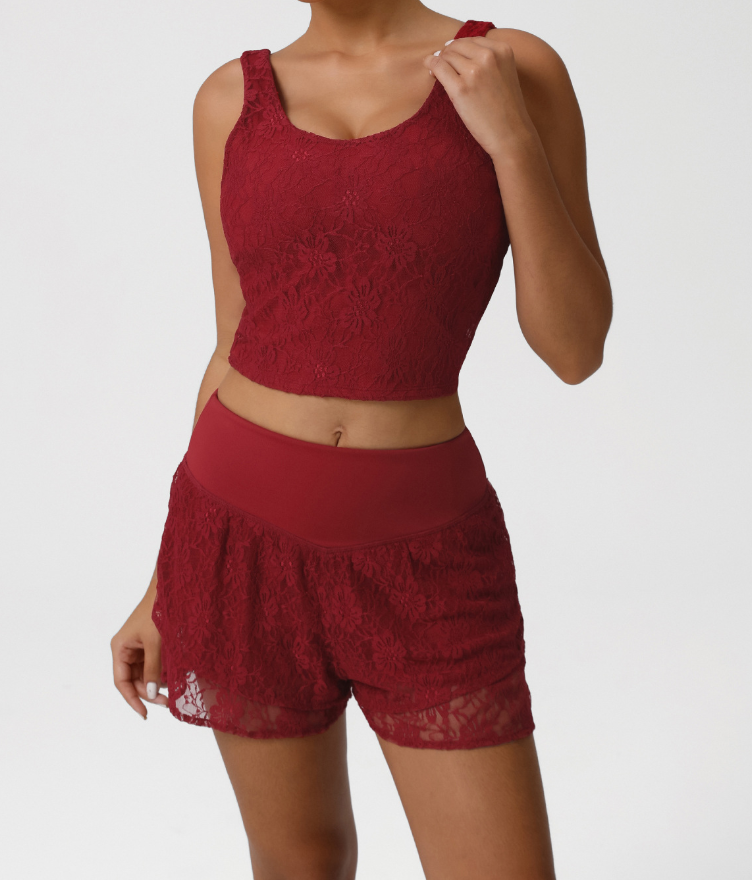 Lace Nude Feel Tennis Sports Stitching Mesh Breathable Sports Running Anti Exposure Two Piece Sets Women