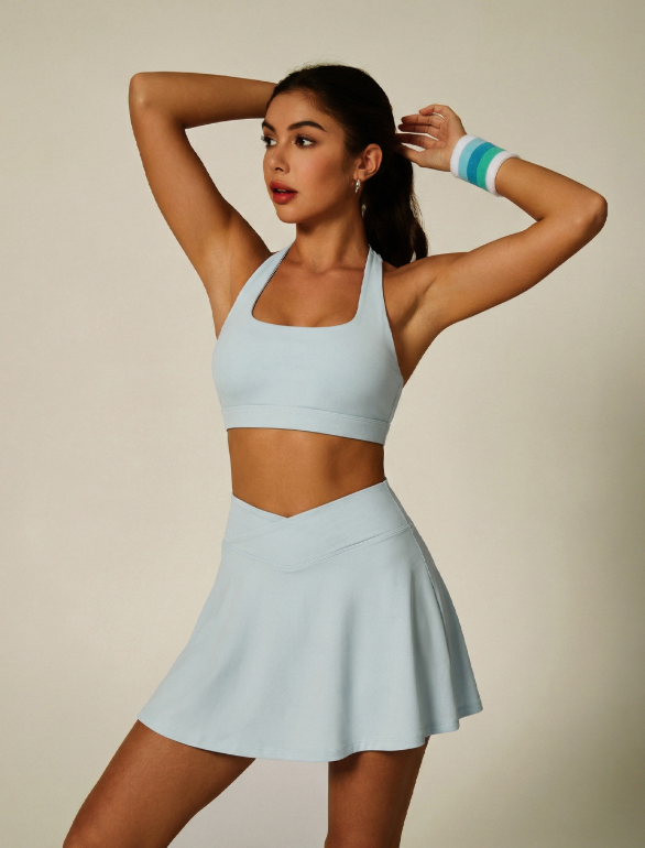 Halter Square Collar Sports Underwear Women Cross High Waist Anti-Exposure Tennis Skirt Fitness Yoga Wear Two Piece Sets