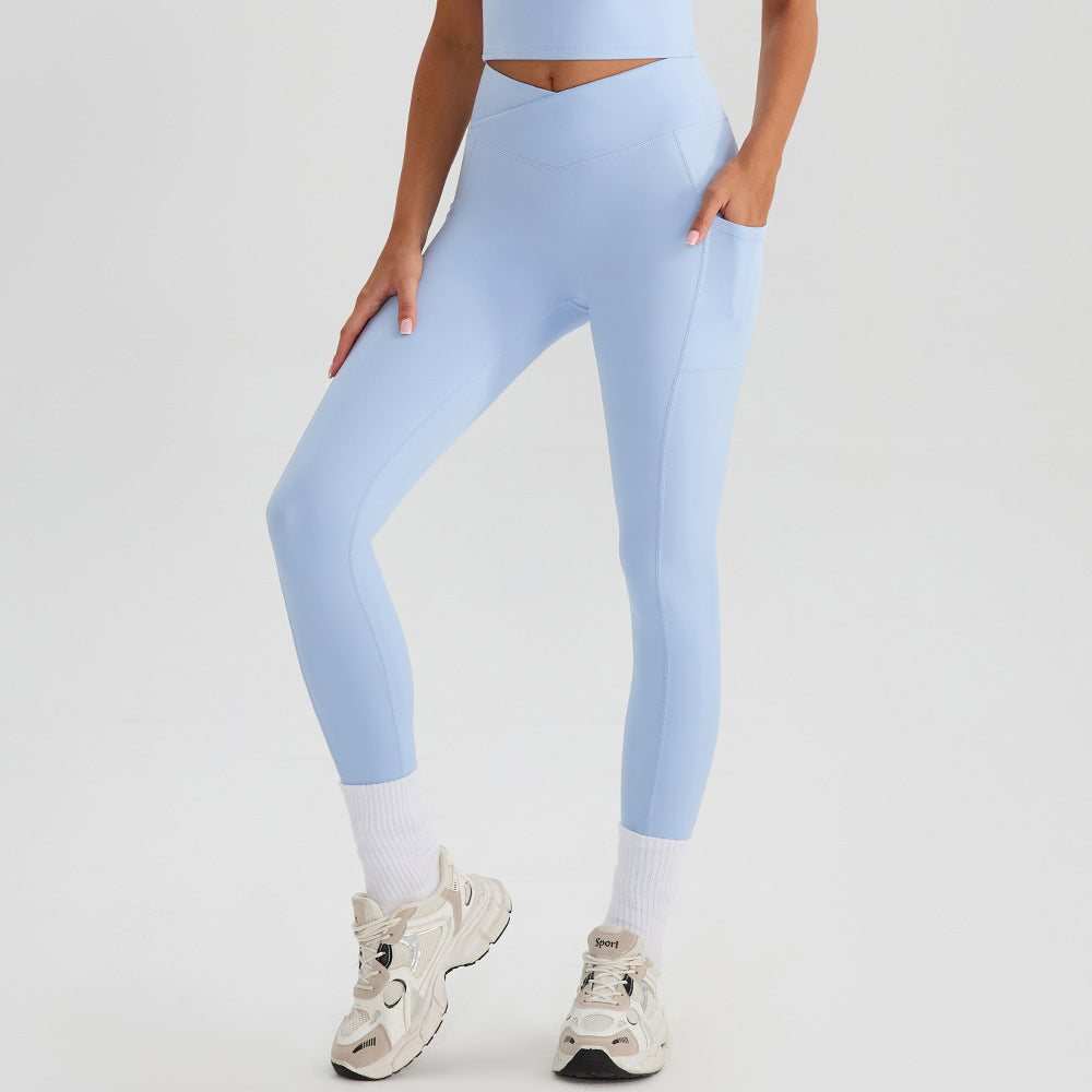 Summer High Waist Cross Yoga Trousers Nude Feel Quick Drying Fitness Outer Pocket Running Body Shaping Sports Trousers