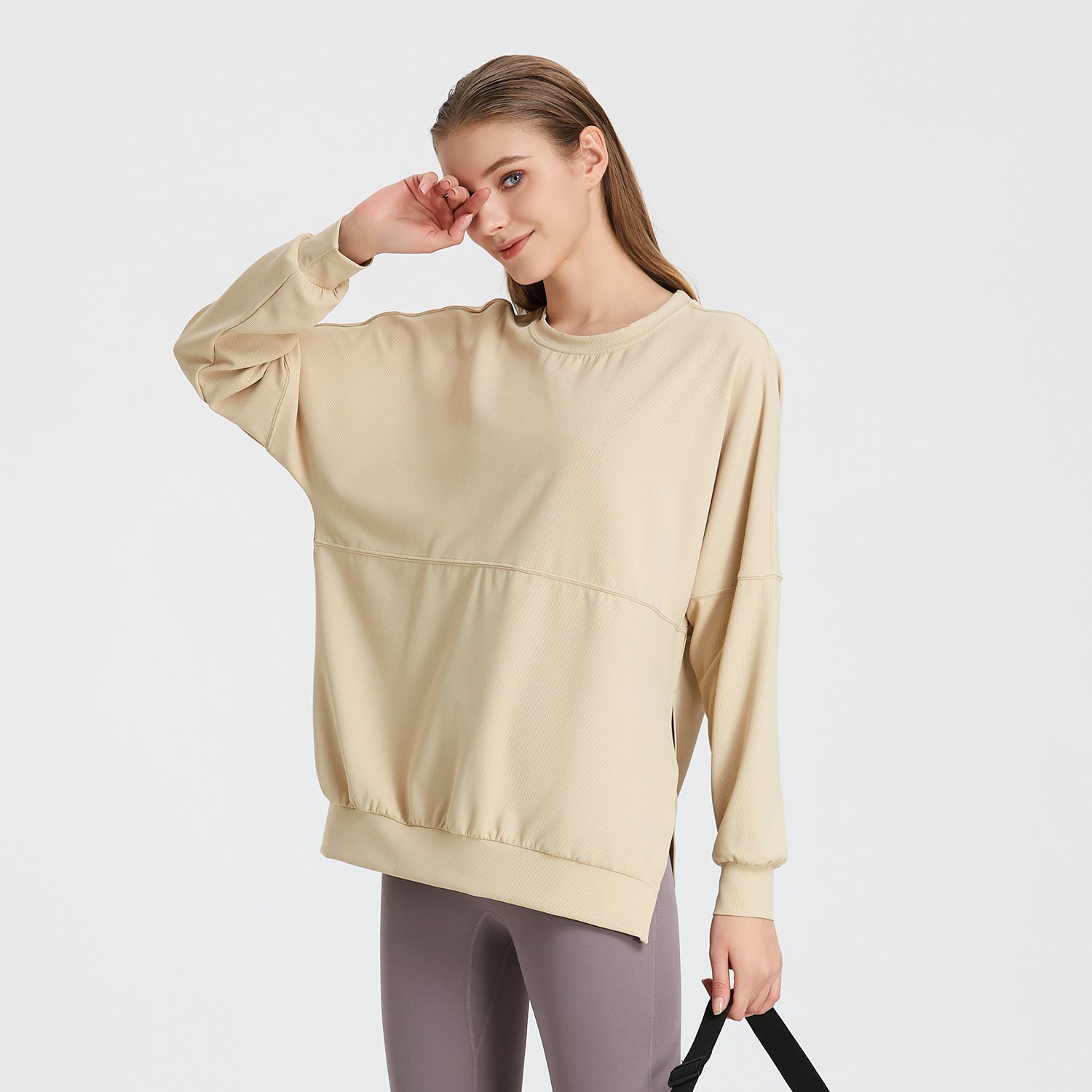 Autumn Winter Loose Waffle Side Fork Sports Top Women Casual Running Workout Clothes Long Sleeved T shirt Yoga Clothes Blouse