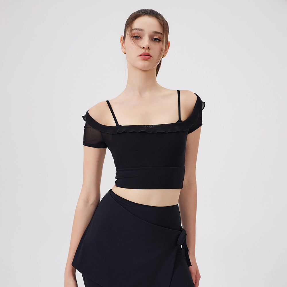 Sexy Lace Mesh Yoga Clothes Short Sleeve Running Quick Drying Sports Bra with Chest Pad One Piece Cup Workout Clothes