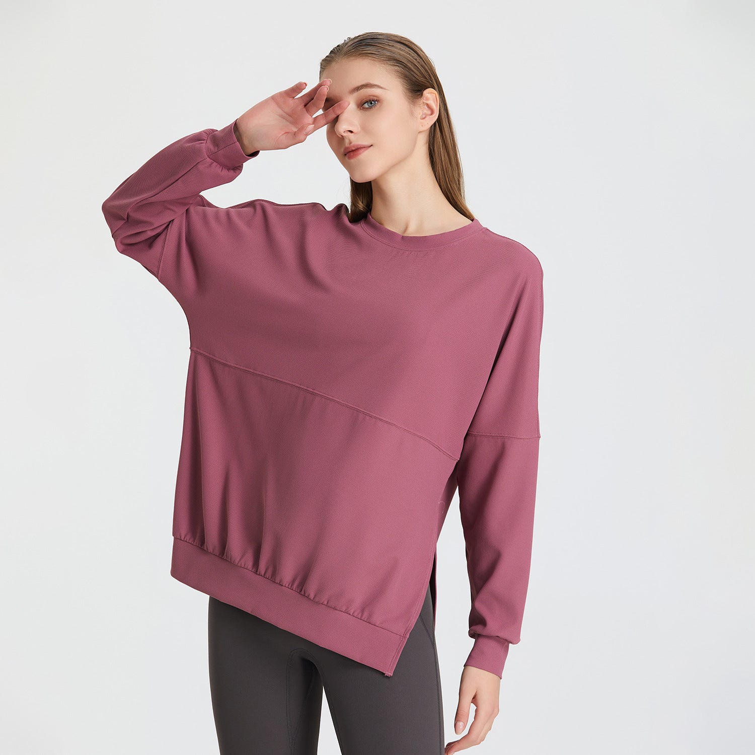 Autumn Winter Loose Waffle Side Fork Sports Top Women Casual Running Workout Clothes Long Sleeved T shirt Yoga Clothes Blouse