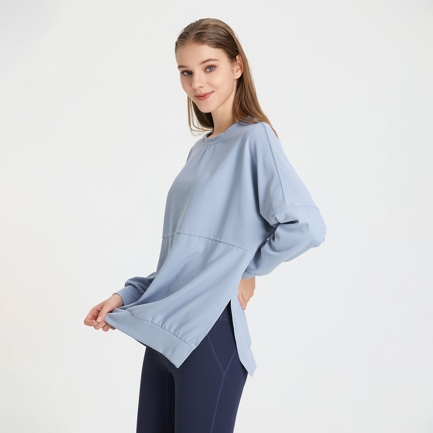 Autumn Winter Loose Waffle Side Fork Sports Top Women Casual Running Workout Clothes Long Sleeved T shirt Yoga Clothes Blouse