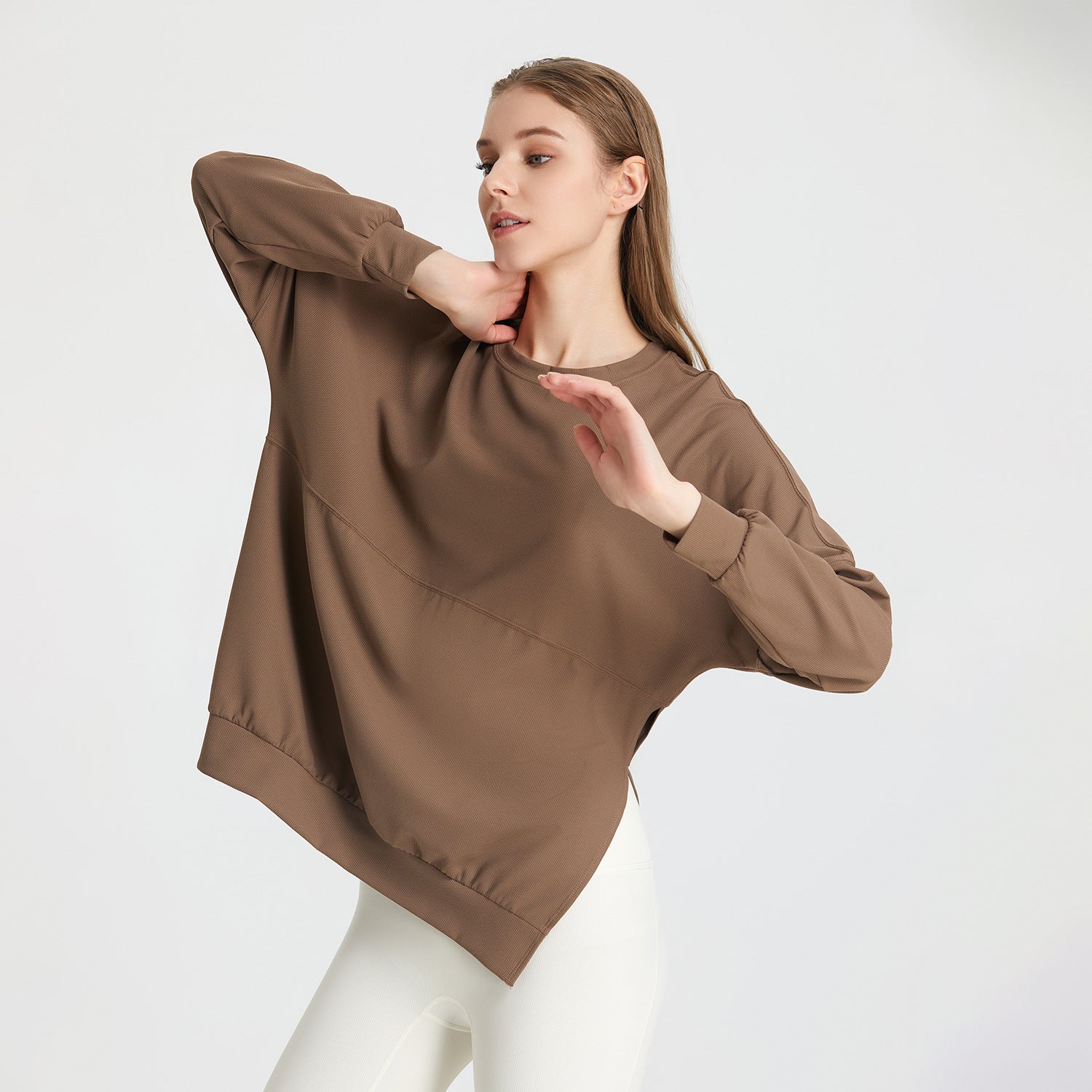 Autumn Winter Loose Waffle Side Fork Sports Top Women Casual Running Workout Clothes Long Sleeved T shirt Yoga Clothes Blouse