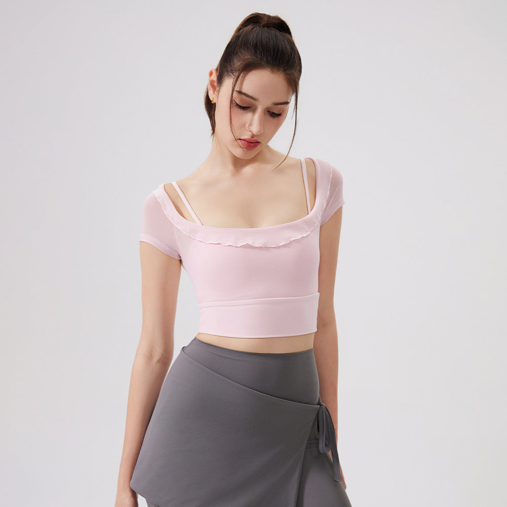 Sexy Lace Mesh Yoga Clothes Short Sleeve Running Quick Drying Sports Bra with Chest Pad One Piece Cup Workout Clothes