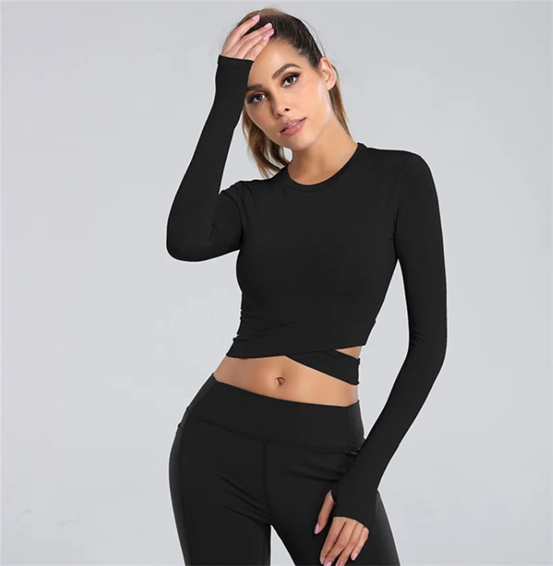 Long Sleeve Midriff Sports Crop Top With Criss Cross Waist