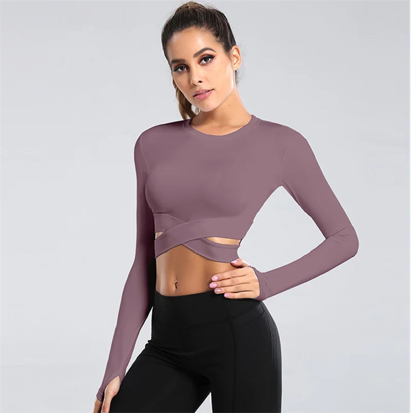 Long Sleeve Midriff Sports Crop Top With Criss Cross Waist