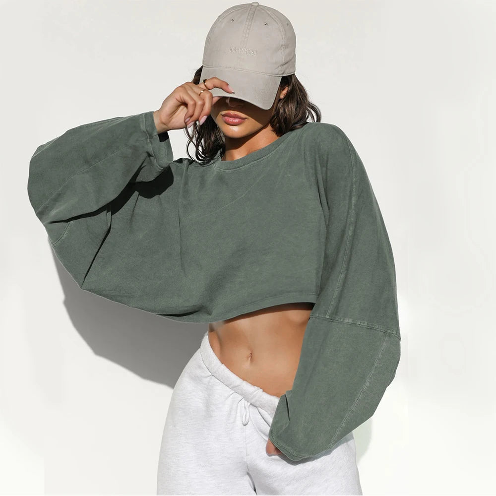 Women Sports Long Sleeve Loose Crop Top T-Shirts