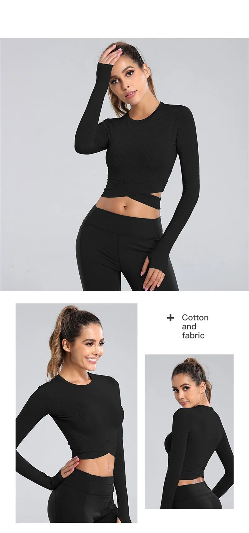 Long Sleeve Midriff Sports Crop Top With Criss Cross Waist