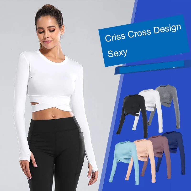 Long Sleeve Midriff Sports Crop Top With Criss Cross Waist