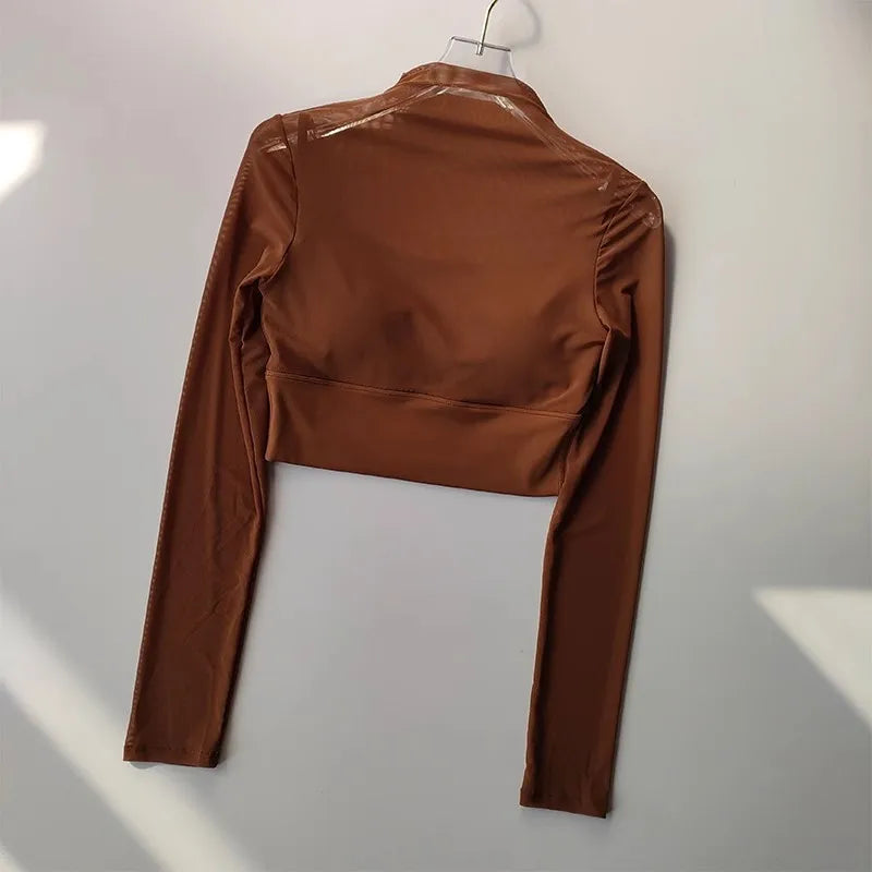 Long Sleeve Padded Mesh Crop Top