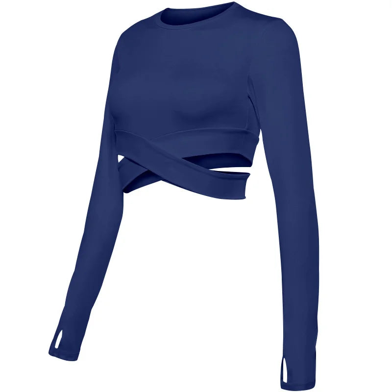 Long Sleeve Midriff Sports Crop Top With Criss Cross Waist
