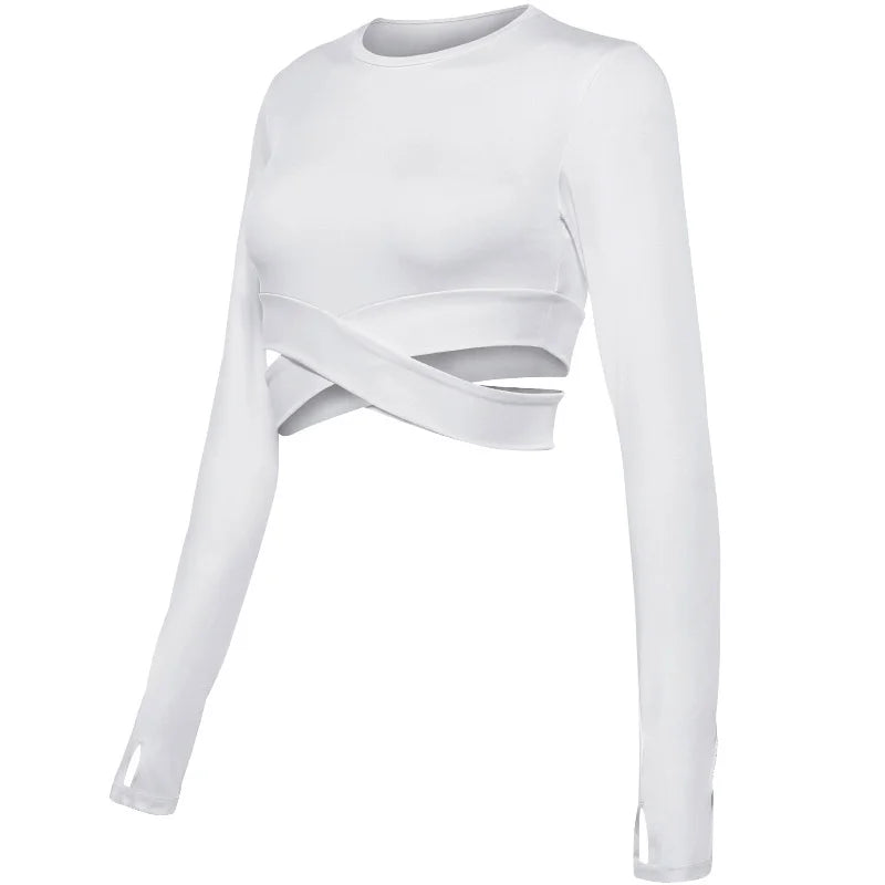 Long Sleeve Midriff Sports Crop Top With Criss Cross Waist