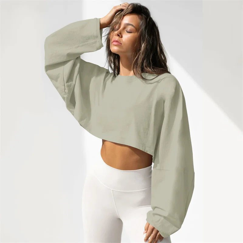 Women Sports Long Sleeve Loose Crop Top T-Shirts