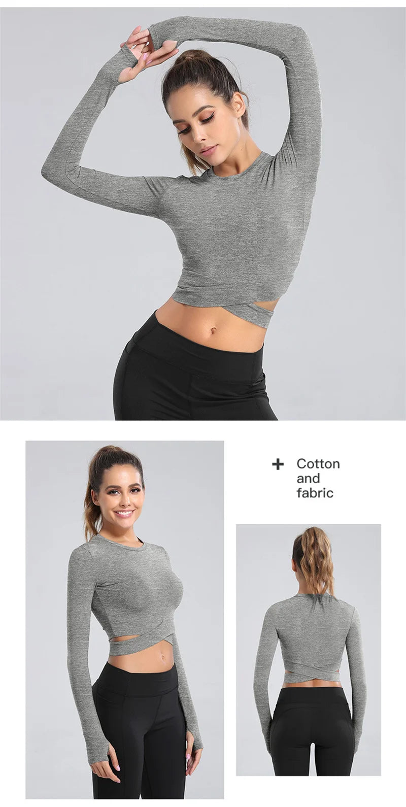 Long Sleeve Midriff Sports Crop Top With Criss Cross Waist