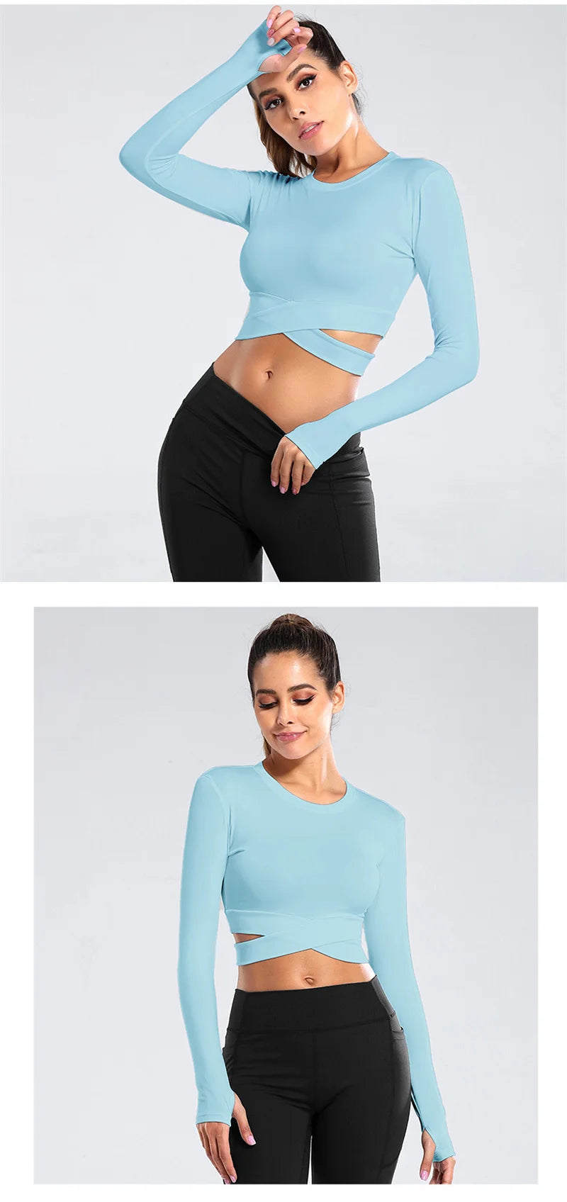 Long Sleeve Midriff Sports Crop Top With Criss Cross Waist