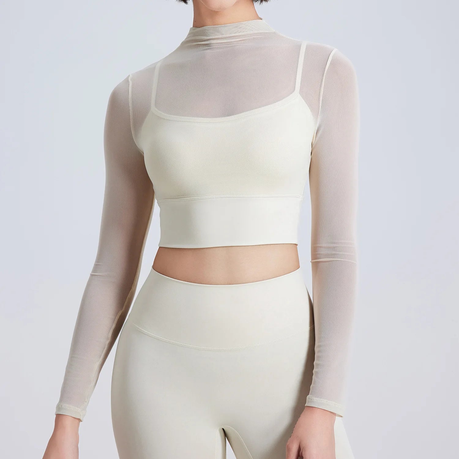 Long Sleeve Padded Mesh Crop Top