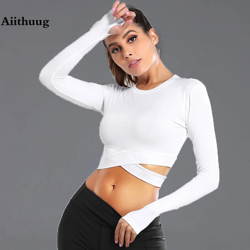 Long Sleeve Midriff Sports Crop Top With Criss Cross Waist