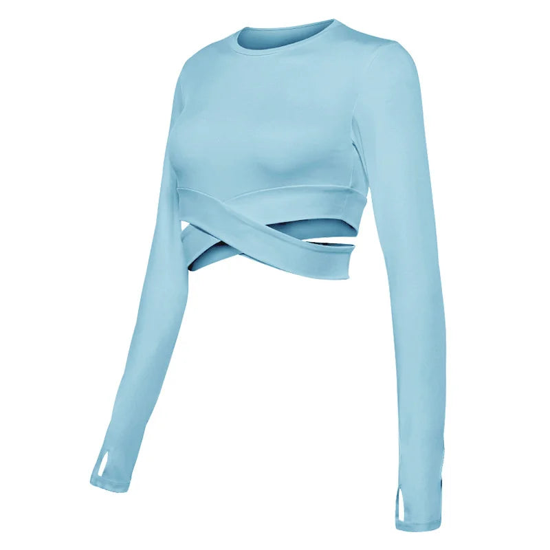 Long Sleeve Midriff Sports Crop Top With Criss Cross Waist