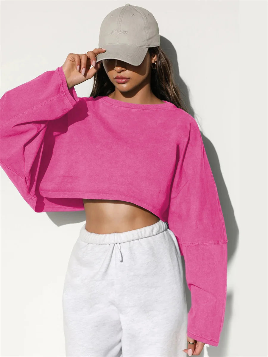 Women Sports Long Sleeve Loose Crop Top T-Shirts