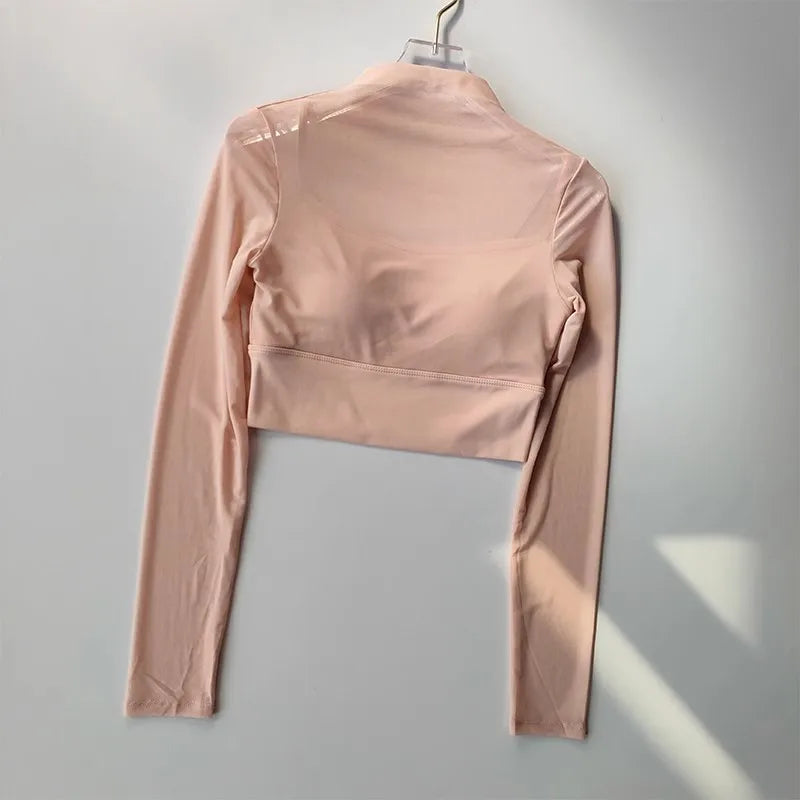 Long Sleeve Padded Mesh Crop Top