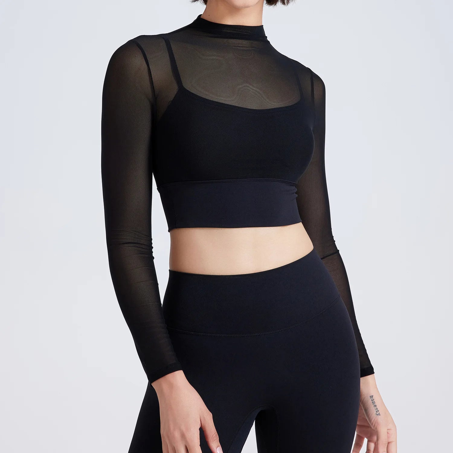 Long Sleeve Padded Mesh Crop Top