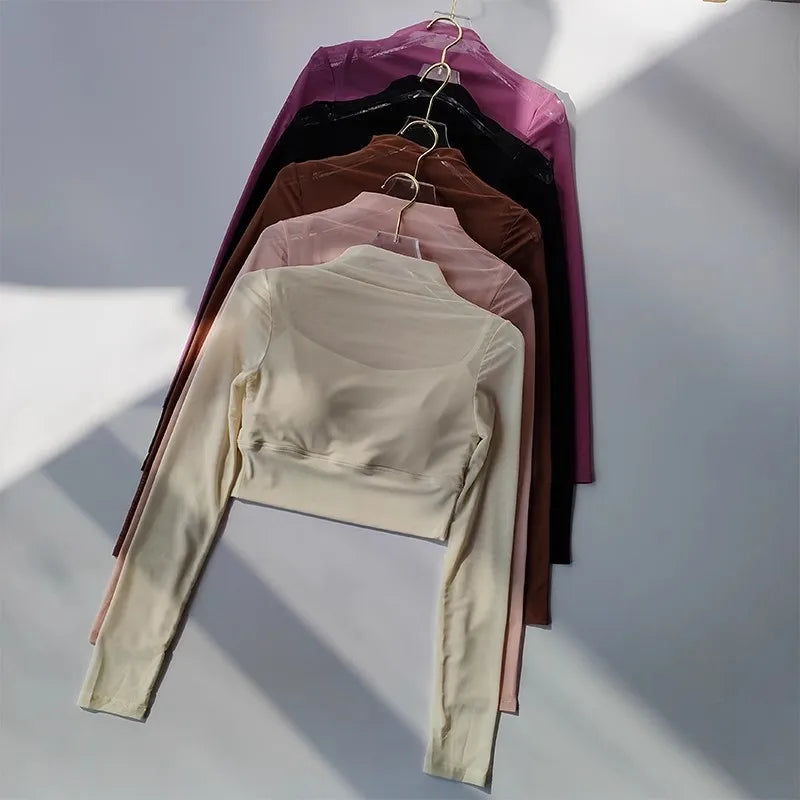 Long Sleeve Padded Mesh Crop Top