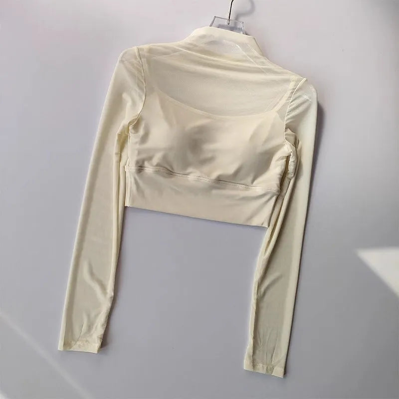 Long Sleeve Padded Mesh Crop Top