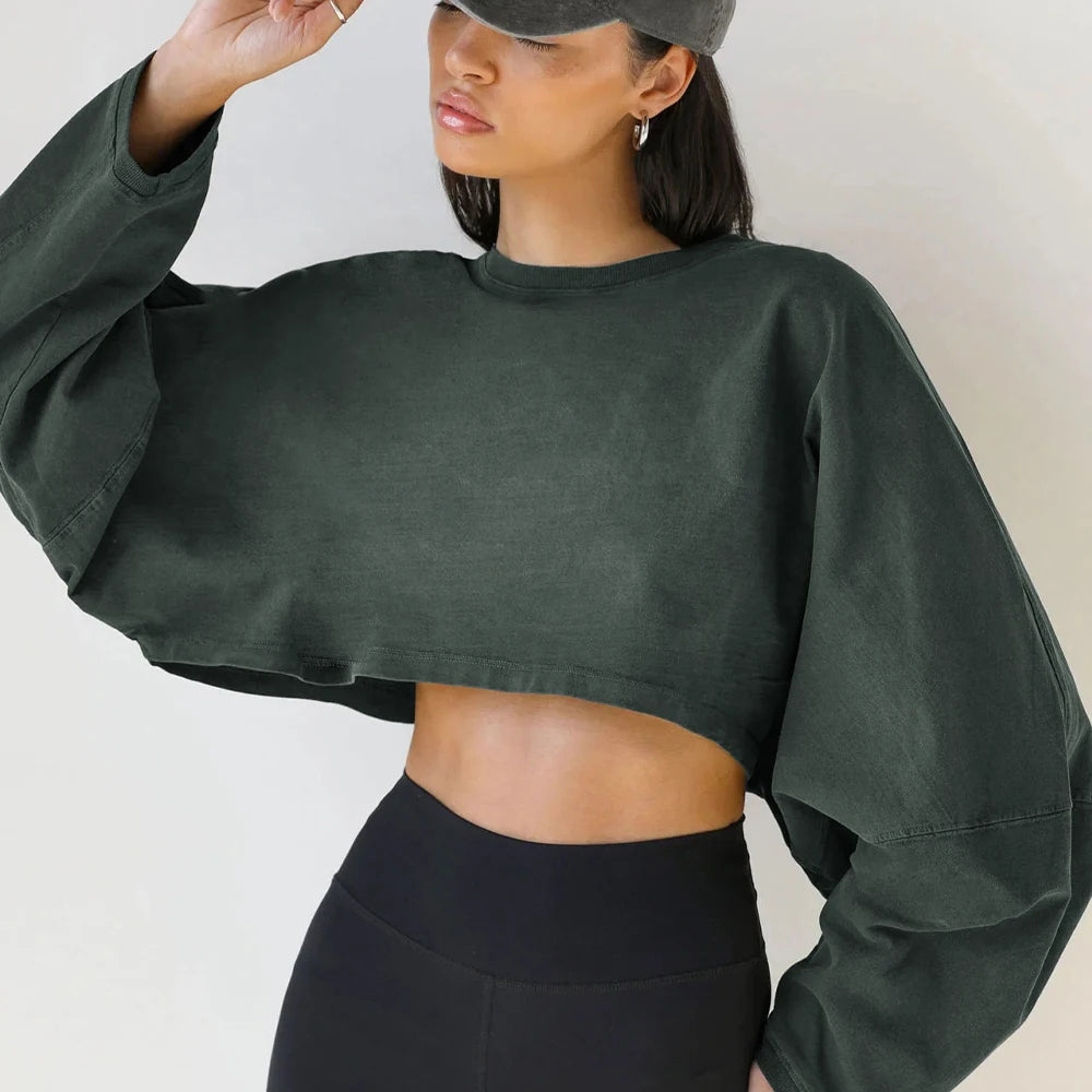 Women Sports Long Sleeve Loose Crop Top T-Shirts