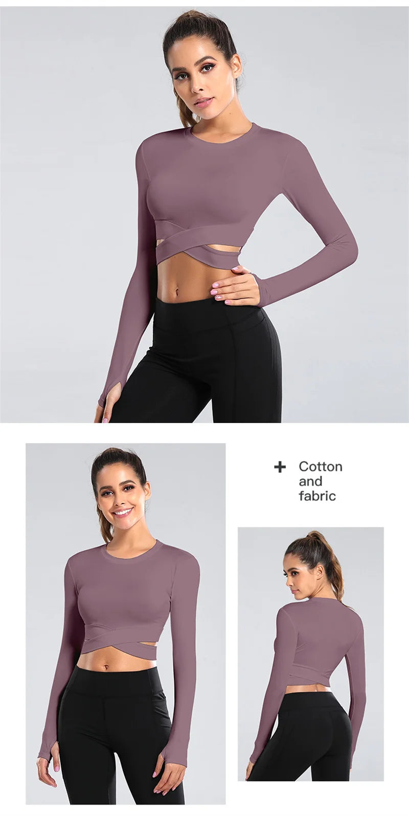 Long Sleeve Midriff Sports Crop Top With Criss Cross Waist