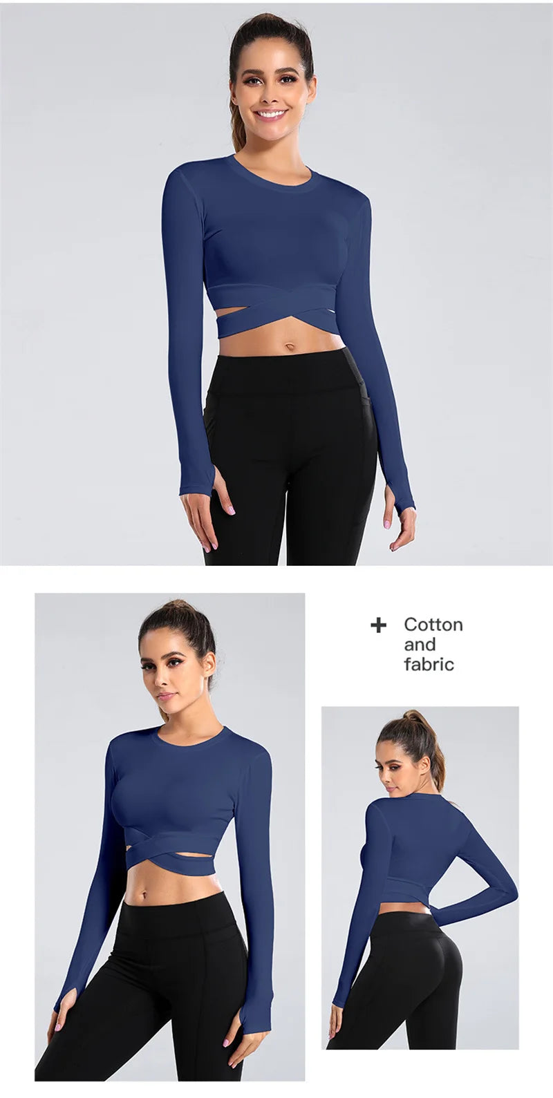 Long Sleeve Midriff Sports Crop Top With Criss Cross Waist