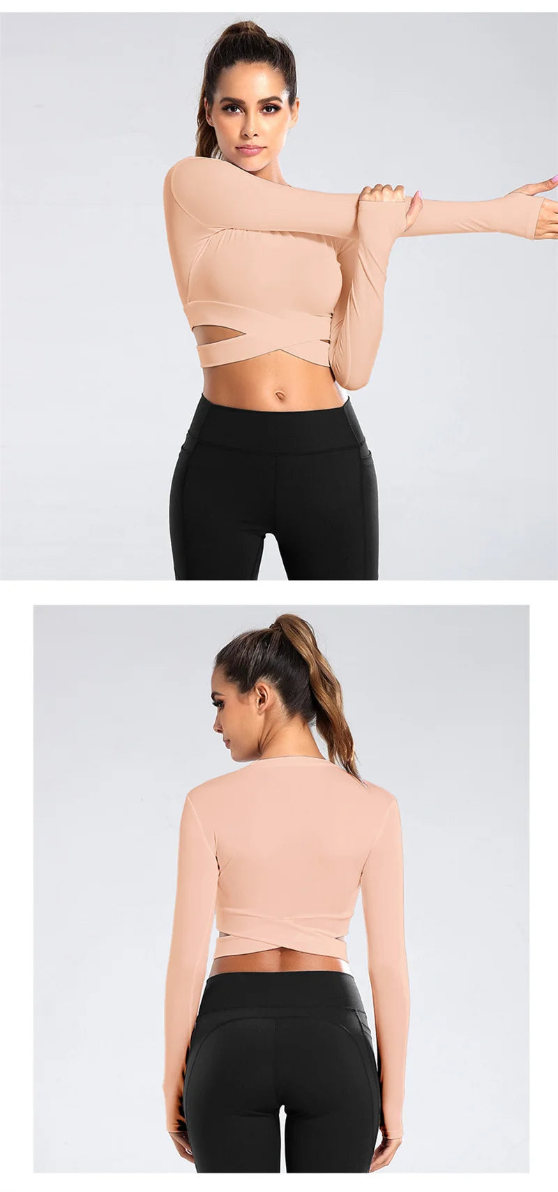 Long Sleeve Midriff Sports Crop Top With Criss Cross Waist