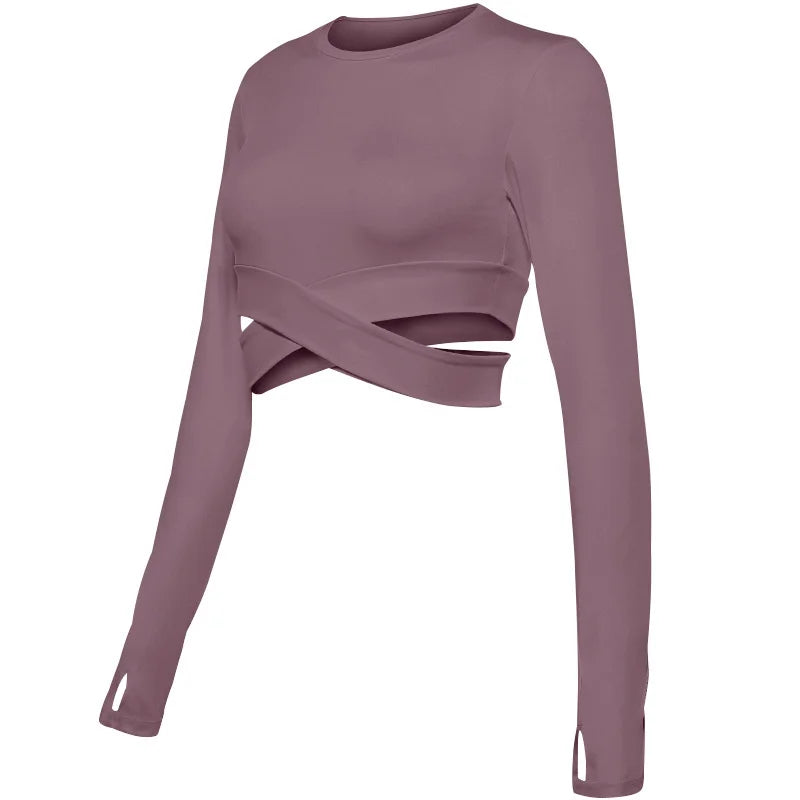 Long Sleeve Midriff Sports Crop Top With Criss Cross Waist