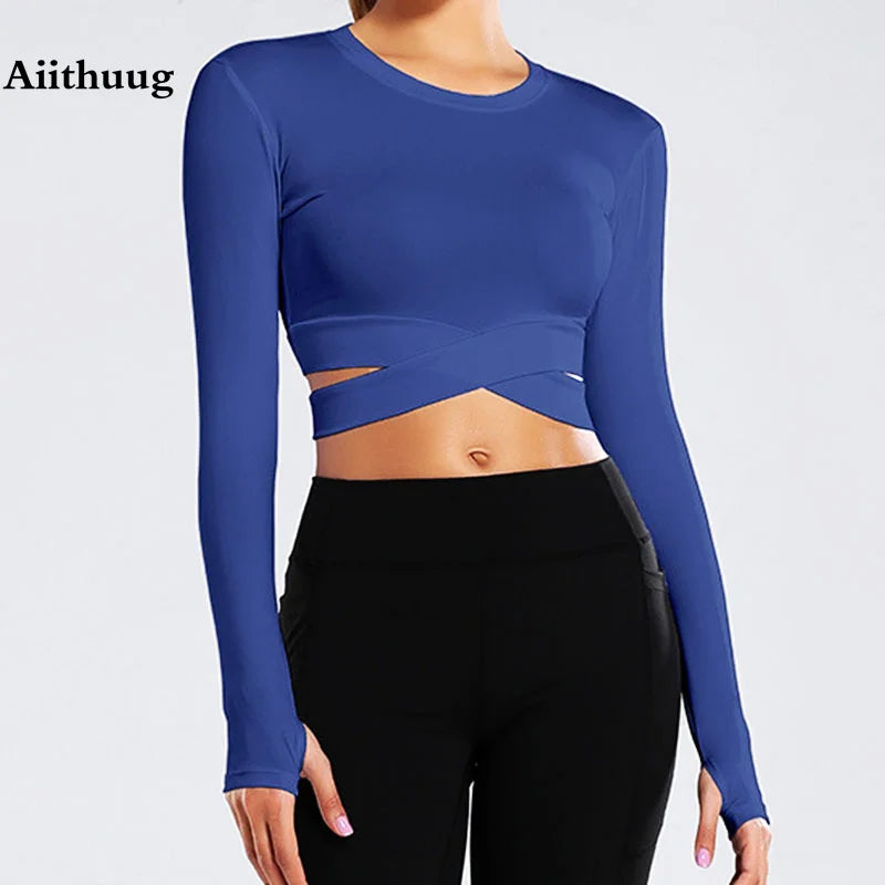 Long Sleeve Midriff Sports Crop Top With Criss Cross Waist