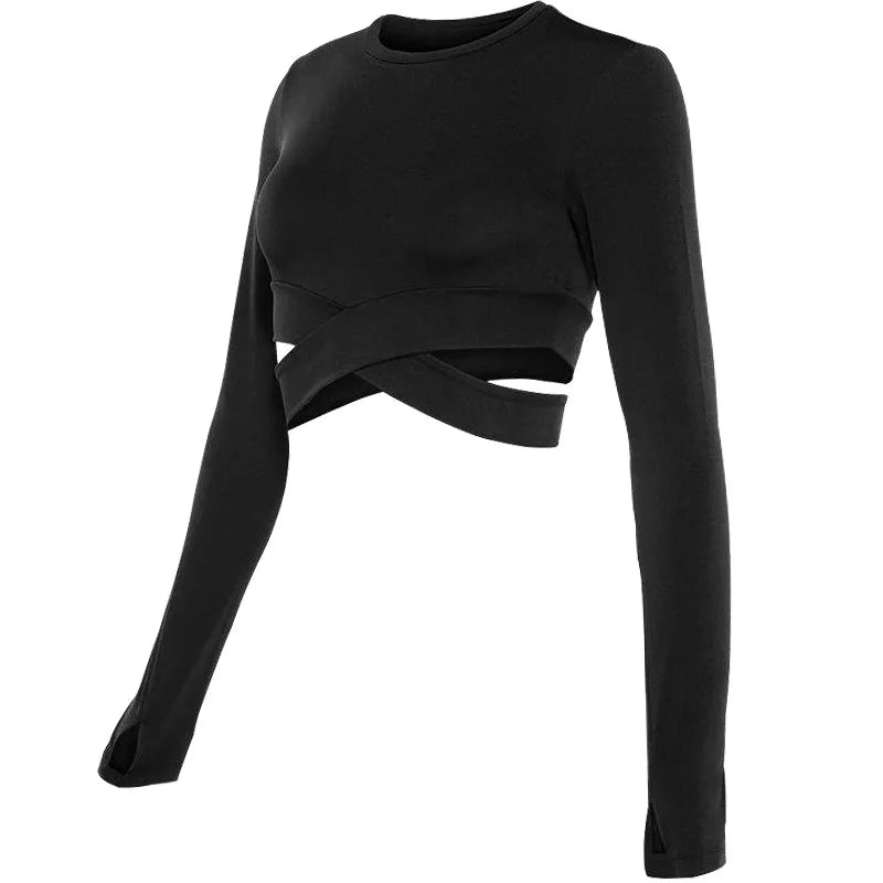 Long Sleeve Midriff Sports Crop Top With Criss Cross Waist