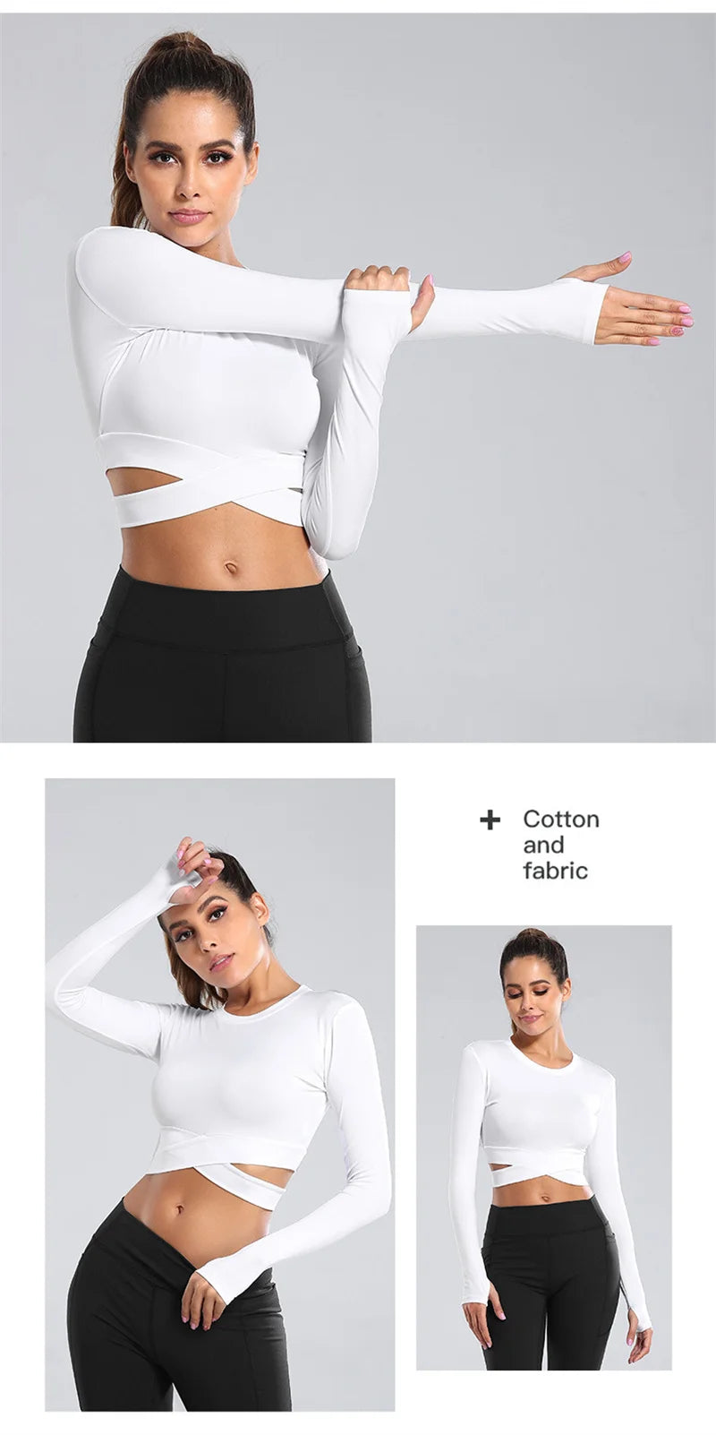 Long Sleeve Midriff Sports Crop Top With Criss Cross Waist