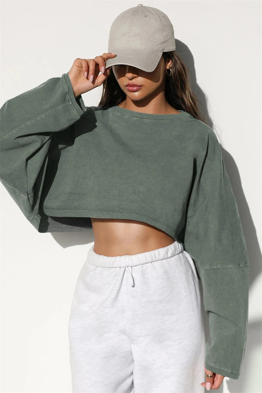 Women Sports Long Sleeve Loose Crop Top T-Shirts