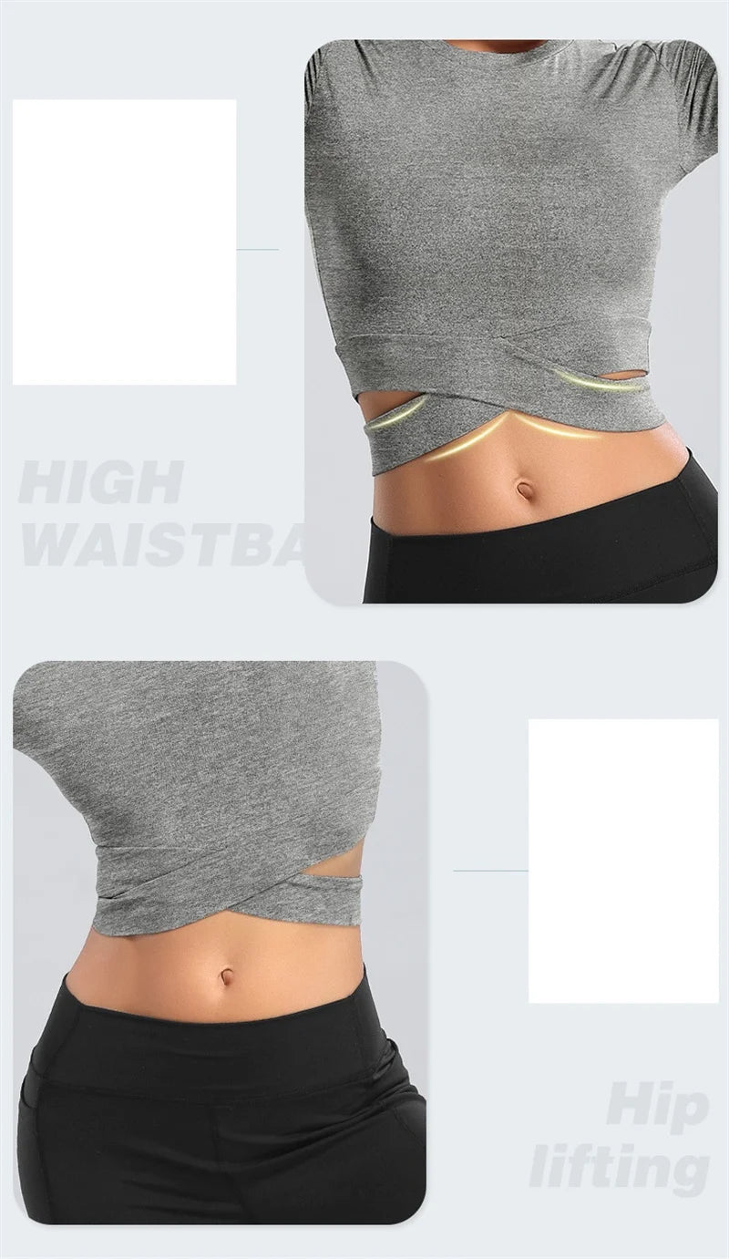 Long Sleeve Midriff Sports Crop Top With Criss Cross Waist