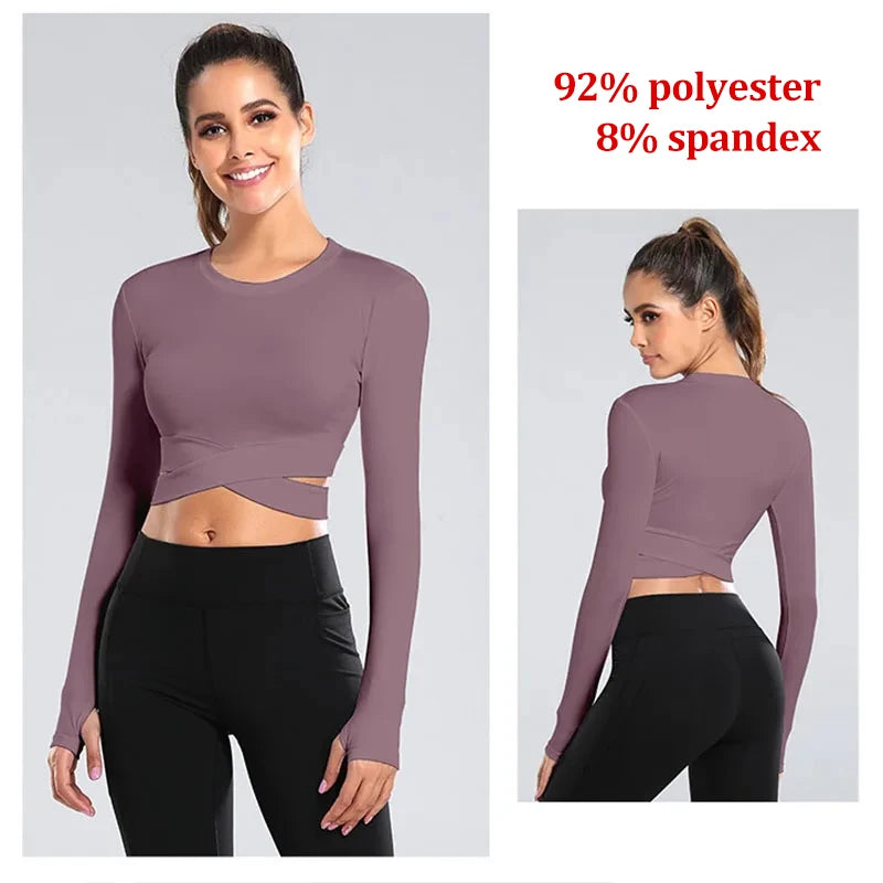 Long Sleeve Midriff Sports Crop Top With Criss Cross Waist