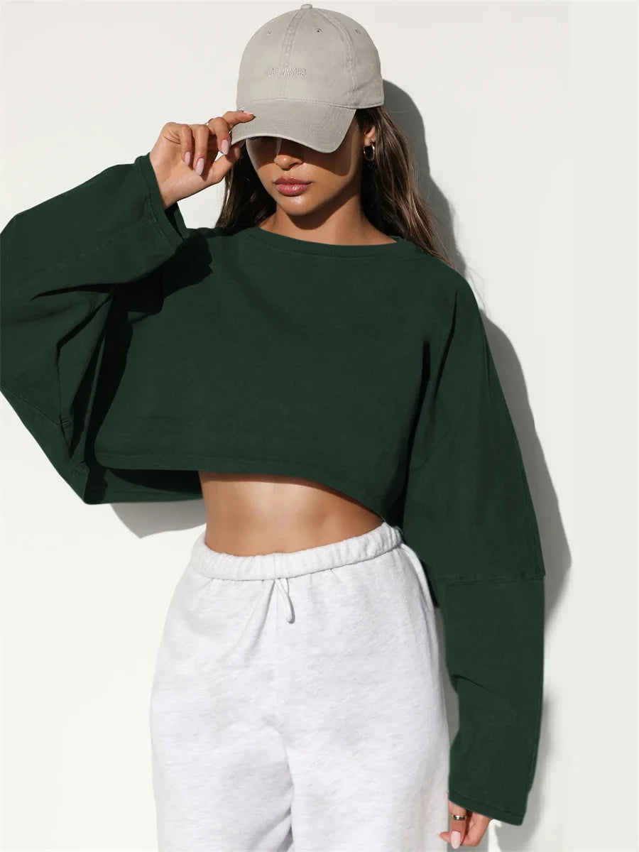 Women Sports Long Sleeve Loose Crop Top T-Shirts