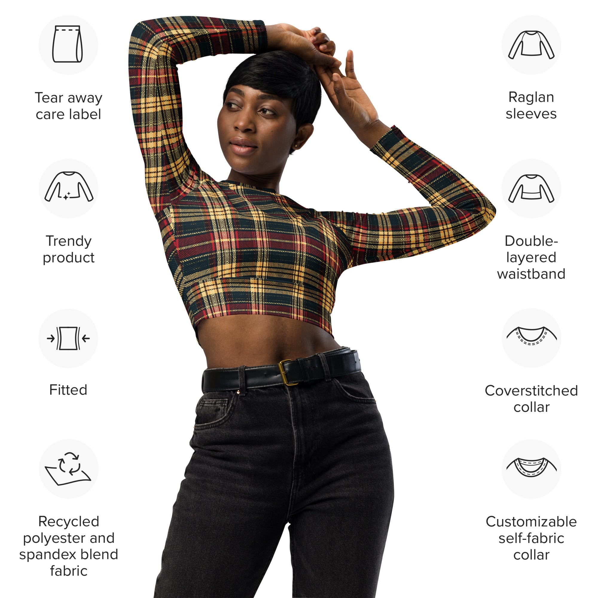 Plaid Allure -Recycled Long-Sleeve Crop Top